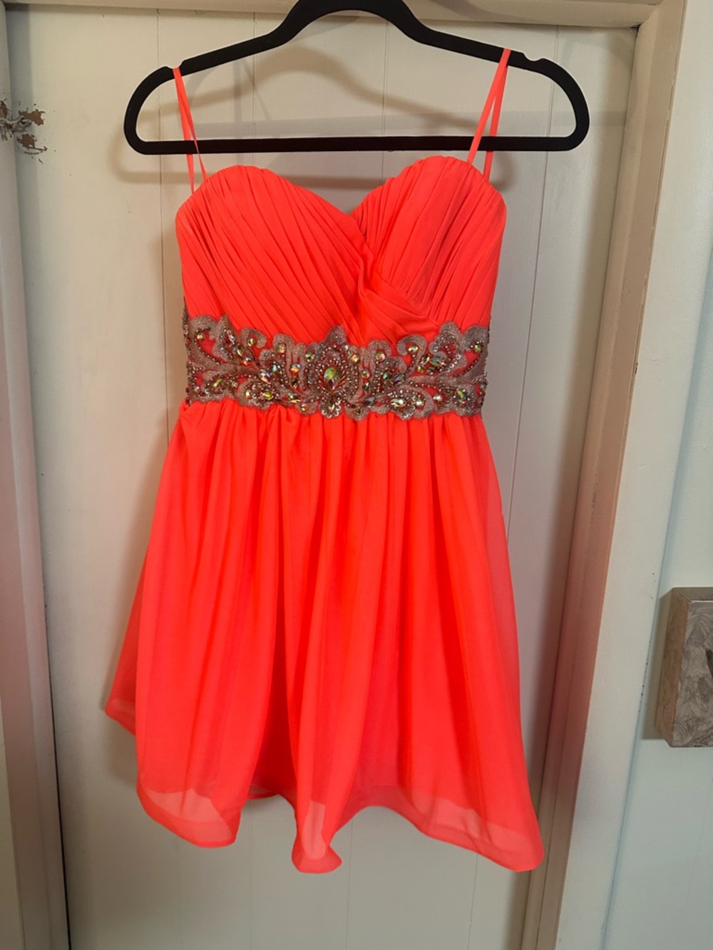 Juniors Women's MY MICHELLE Neon Orange Short Formal Prom Gown Dress Sz 9